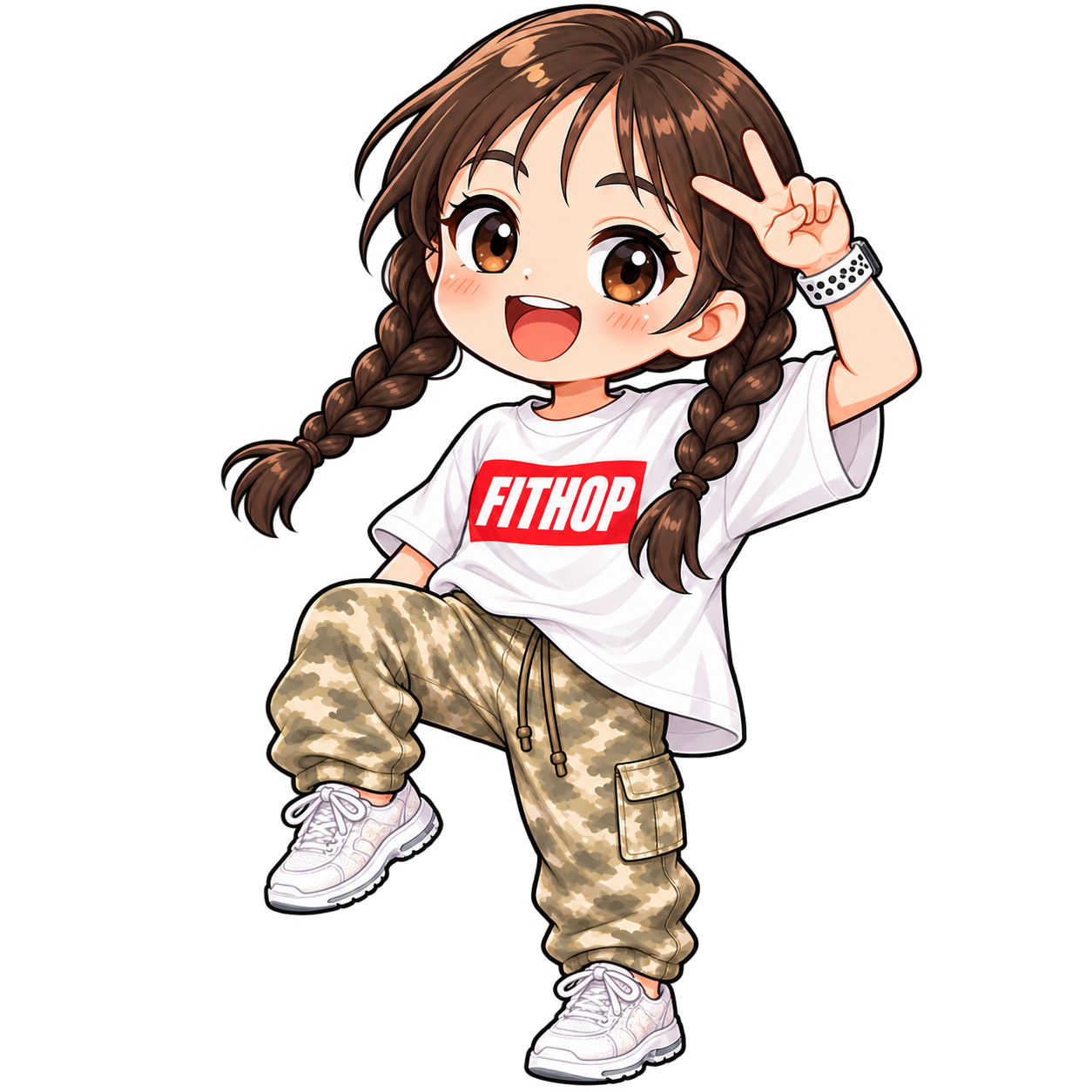 三つ編み姿で笑顔で踊る女性インストラクターのイラスト
